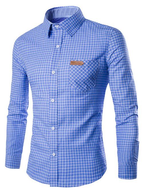 Vérifié design Pocket col rabattu manches longues hommes  's Shirt - Bleu 3XL