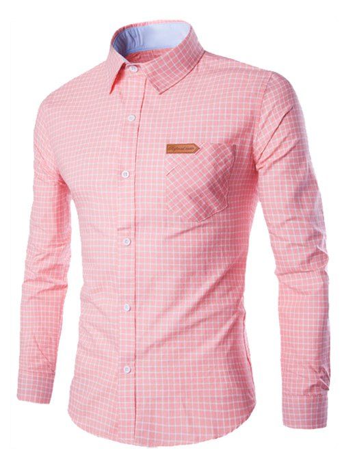 

Checked Pocket Design Turn-Down Collar Long Sleeve Men's Shirt, Pink