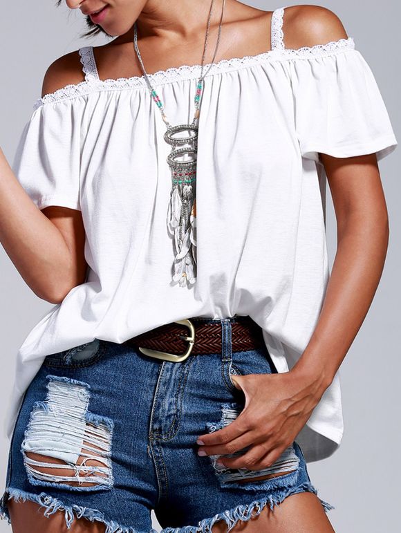 Cold Shoulder Parage T-Shirt Femme élégante  's Lace - Blanc XL