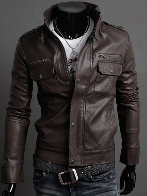 

Belt Embellished Stand Collar PU-Leather Epaulet Long Sleeve Men's Jacket, Dark coffee