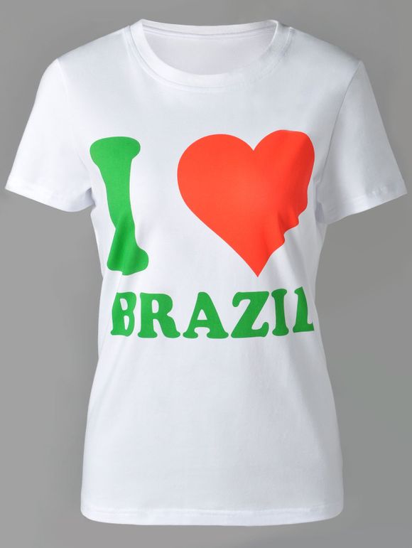 T-shirt manches courtes col rond Casual Lettre de la femme et de coeur Imprimer - Blanc XL