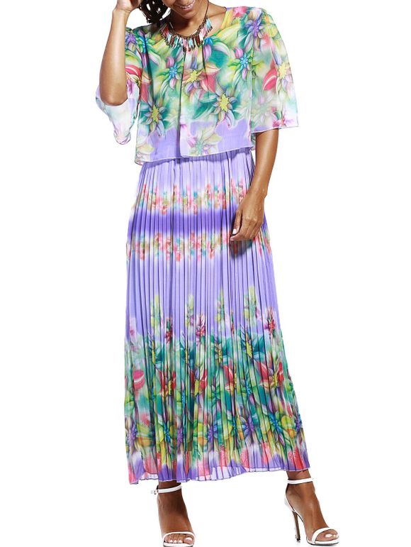 Floral Print plissées en mousseline de soie Maxi Dress - Violet clair 3XL