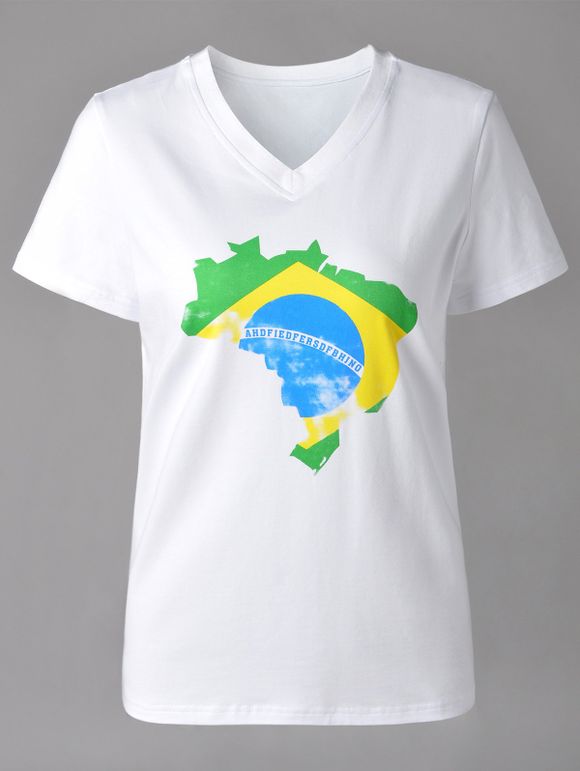 T-shirt décontracté à manches courtes et col en V à imprimé drapeau brésilien pour femme - Blanc XL