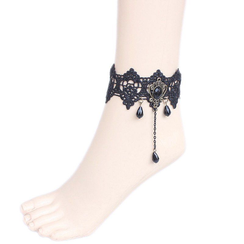 

Gothic Style Fake Crystal Water Drop Lace Anklet, Black