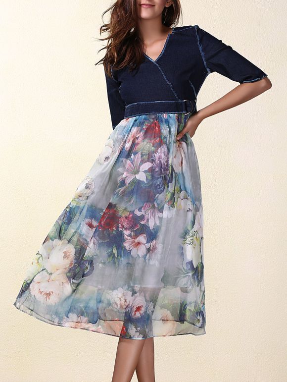 Graceful V-Neck Half Sleeve Denim and Slik Spliced Women's Dress - multicolore XL