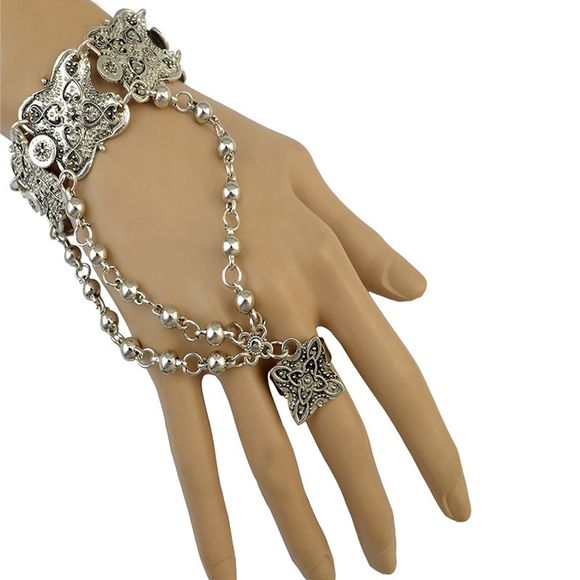Superbe Embossed Fleur Perle Bracelet avec anneaux pour les femmes - Argent 