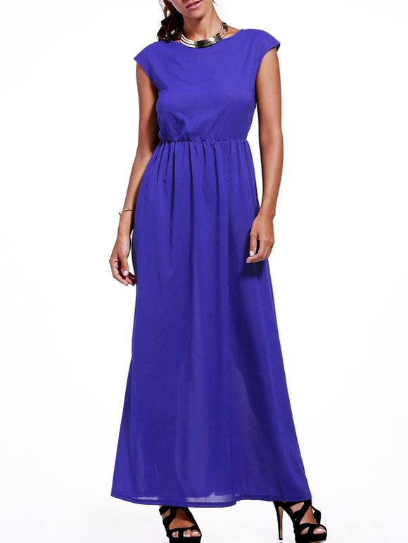 Cap Sleeve Bleu Haute-Taille Maxi Dress s 'Attractive Femmes - Bleu 2XL