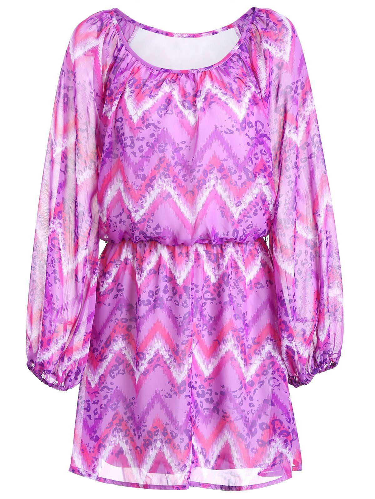 

Simple Style Long Sleeve Scoop Neck Print Dress For Women, Purplish red
