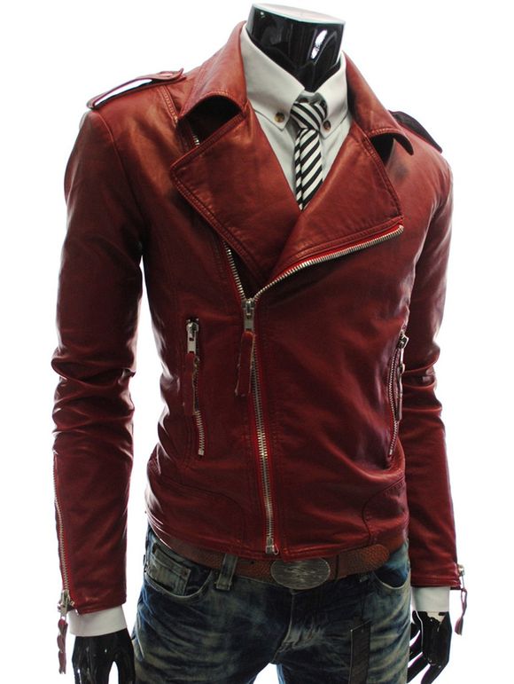 Zipper stand Collar PU-cuir épaulette manches longues hommes d  'Jacket - Rouge 2XL