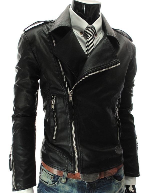 Zipper stand Collar PU-cuir épaulette manches longues hommes d  'Jacket - Noir L