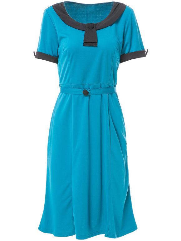 Fishtail Robe de sirène vintage à manches courtes Scoop Collar Color Block femmes - Bleu 2XL