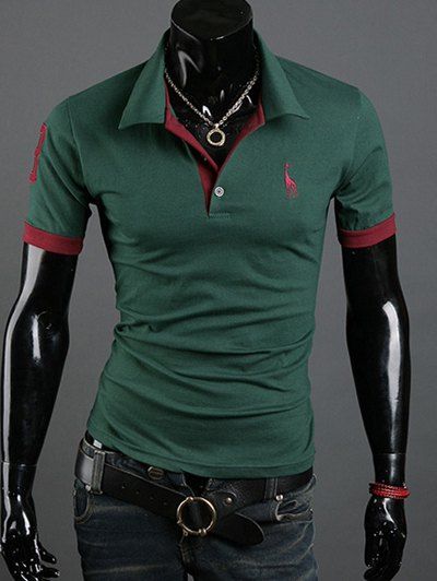 

Giraffe Embroidered Turn-Down Collar Short Sleeve Men's T-Shirt, Green
