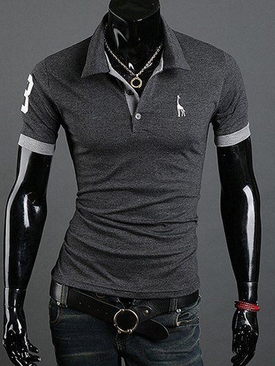 

Giraffe Embroidered Turn-Down Collar Short Sleeve Men's T-Shirt, Deep gray