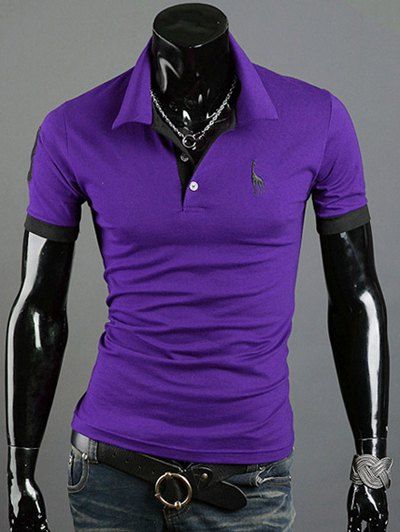 

Giraffe Embroidered Turn-Down Collar Short Sleeve Men's T-Shirt, Purple