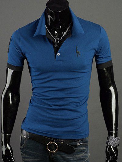 T-shirt à manches courtes pour hommes avec col rabattu et broderie girafe - Bleu XL