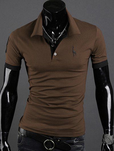 

Giraffe Embroidered Turn-Down Collar Short Sleeve Men's Polo T-Shirt, Coffee