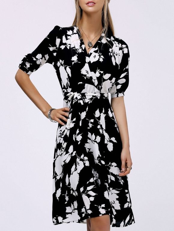 Fashionable Women's V-Neck Floral Print Midi Dress - Noir L