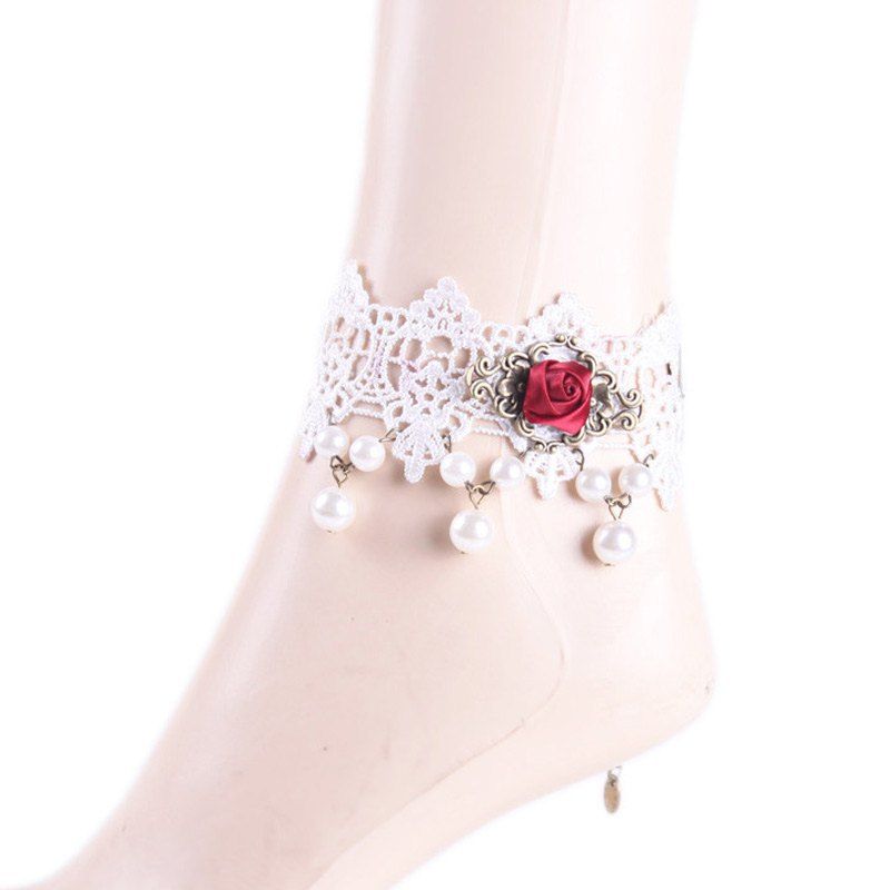 

Stunning Faux Pearl Rose Flower Anklet, White