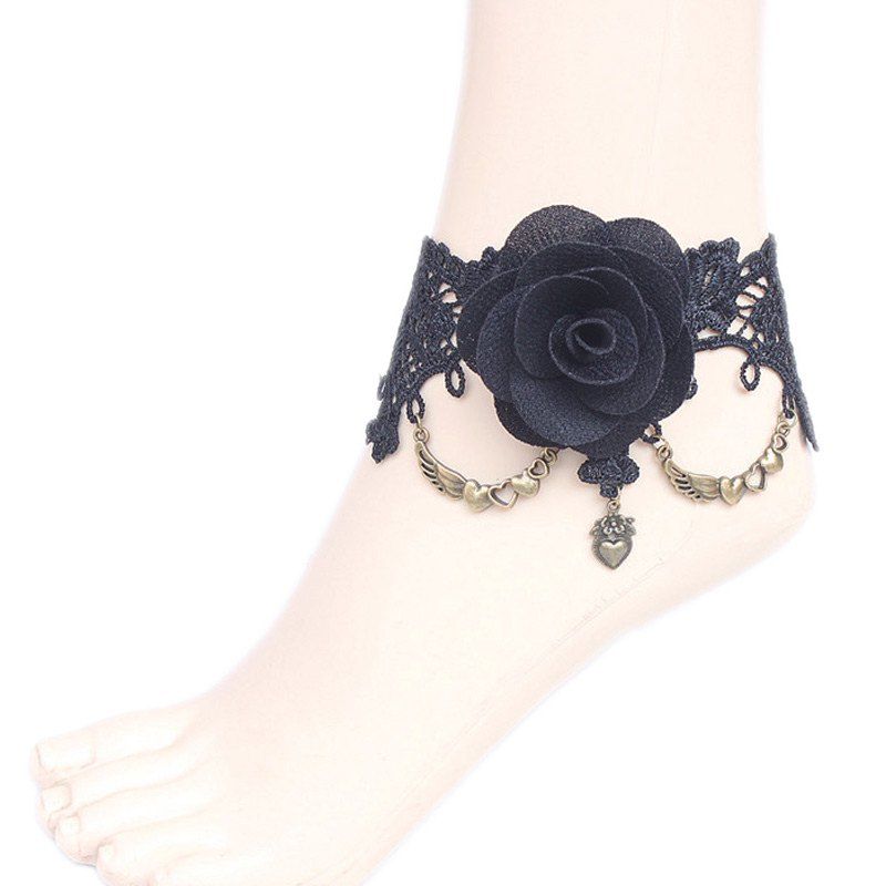 

Vintage Floral Heart Lace Anklet, Black