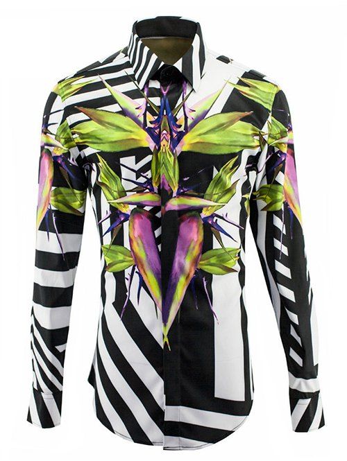 Color Block Collar Turn-Down Zebra Ligne Cross Imprimer l 'manches longues hommes  Shirt - Noir 3XL