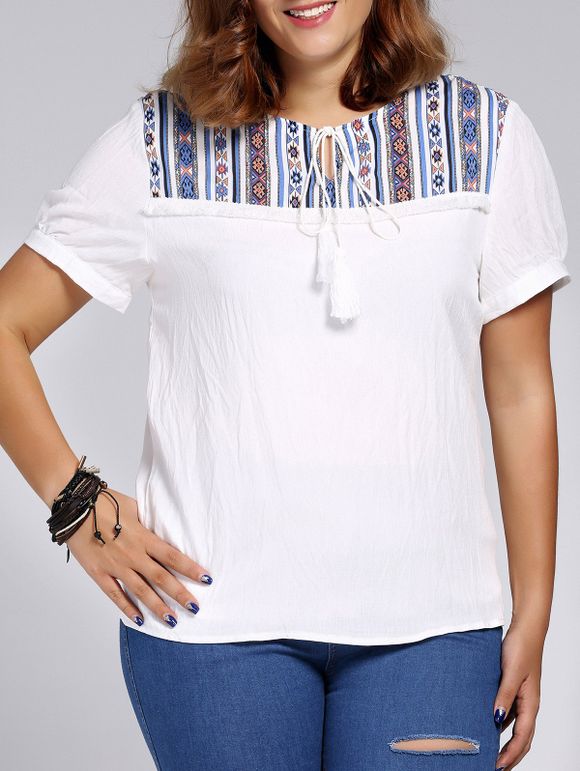 Plus Size ethnique Imprimé Spliced ​​T-Shirt Women 's - Blanc 5XL
