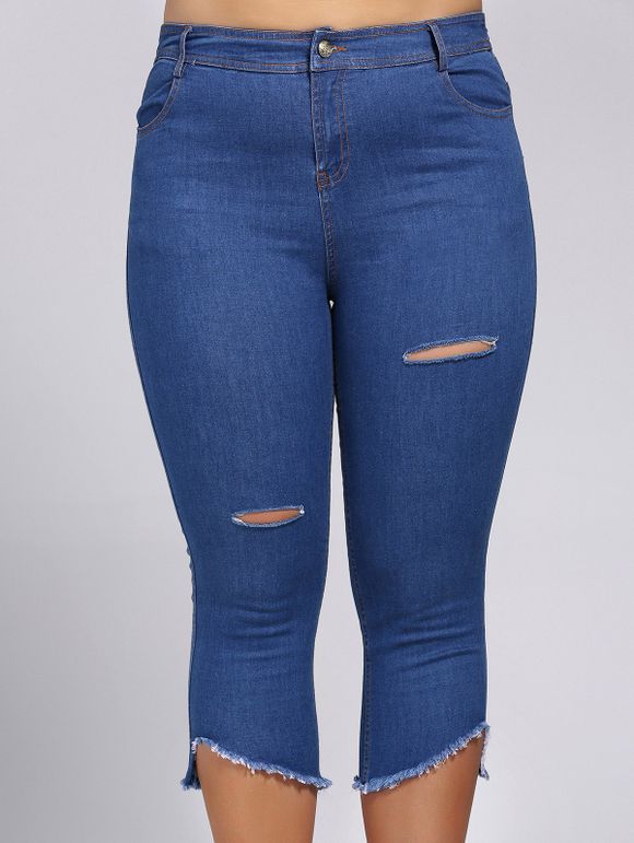 Conception Trendy Plus Size Pocket Cassé Femmes Trou d  'Capri Jeans - Bleu Toile de Jean 5XL