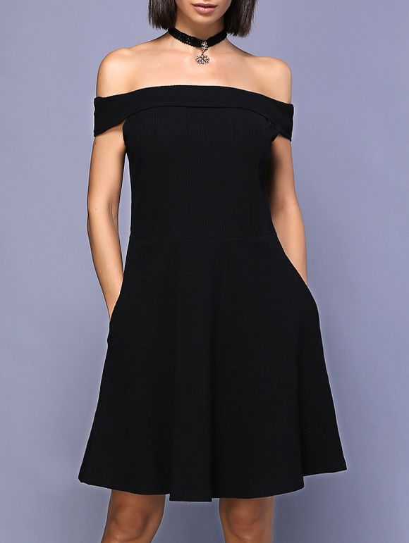 Trendy Off The Dress épaule Pure Color A-Line pour les femmes - Noir M