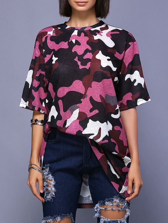 Col rond haut Slit Camo T-shirt imprimé femmes Trendy  's - multicolore XL
