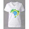 T-shirt décontracté à manches courtes et col en V à imprimé drapeau brésilien pour femme - Blanc XL