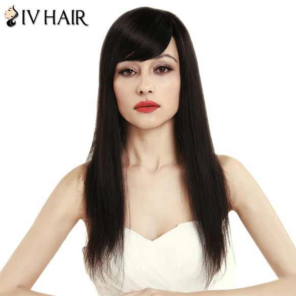 Siv Hair Perruque de Cheveux Humains Lisse avec Frange sur le Côté pour Femmes - Noir 