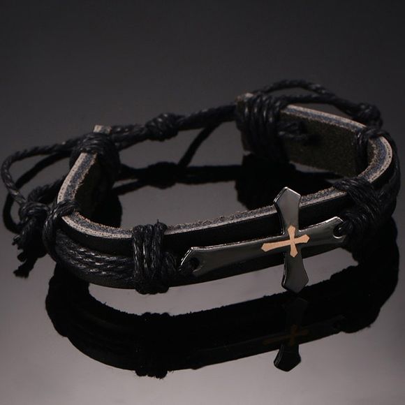 Bracelet en Similicuir Ajustable avec Croix pour Homme - Noir 