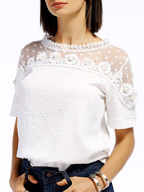 Sweet Women's Short Sleeve Lace Spliced Flower Pattern Blouse - Blanc M
