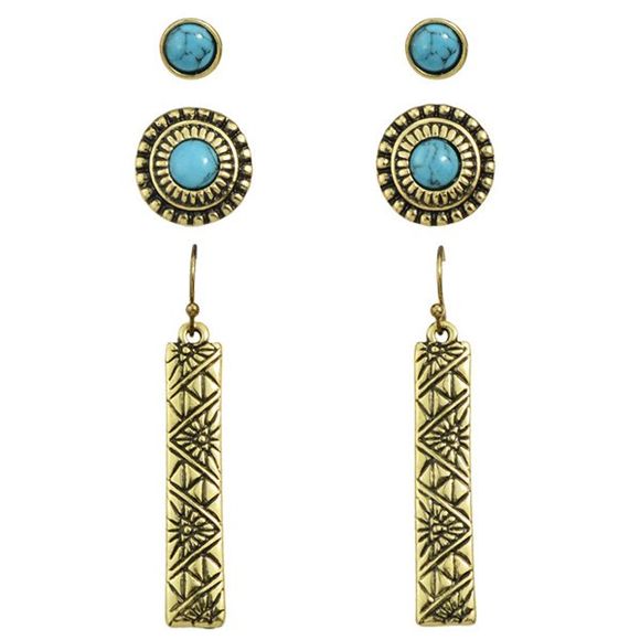 3 paires Vintage Faux Turquoise Round Embossed Boucles d'oreilles pour les femmes - d'or 