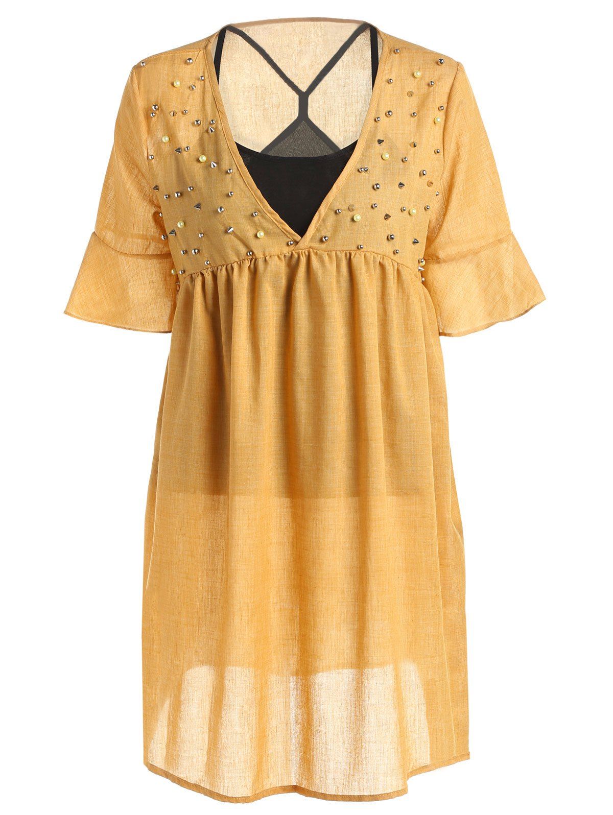 

Casual Style Women's Tank Top and Plunging Neck Half Sleeve Beaded Dress, Yolk yellow