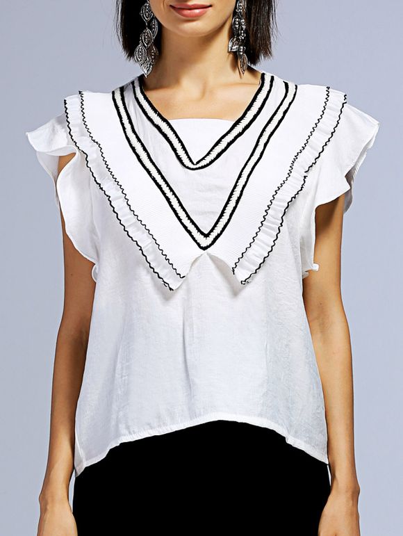 Sweet Women's Ruffled Square Neck V-Shape Design Blouse - Blanc M