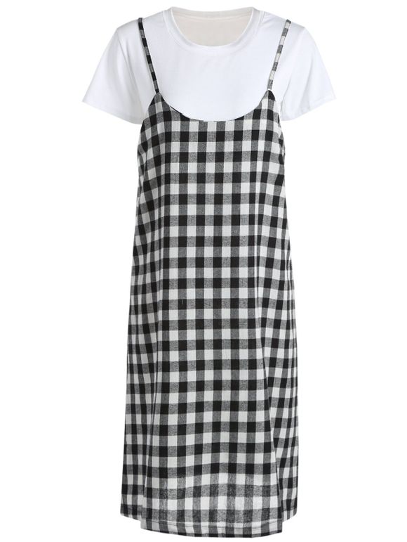 Casual Women's Round Neck Short Sleeve T-Shirt and Checkered Dress Set - Blanc et Noir ONE SIZE(FIT SIZE XS TO M)