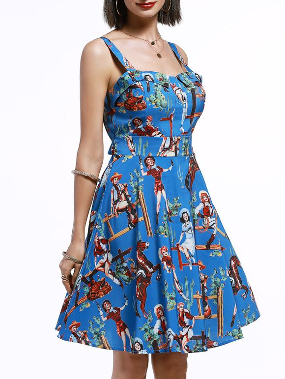Vintage Women's Sleeveless Cartoon Pattern Print Pleated Dress - Bleu XL