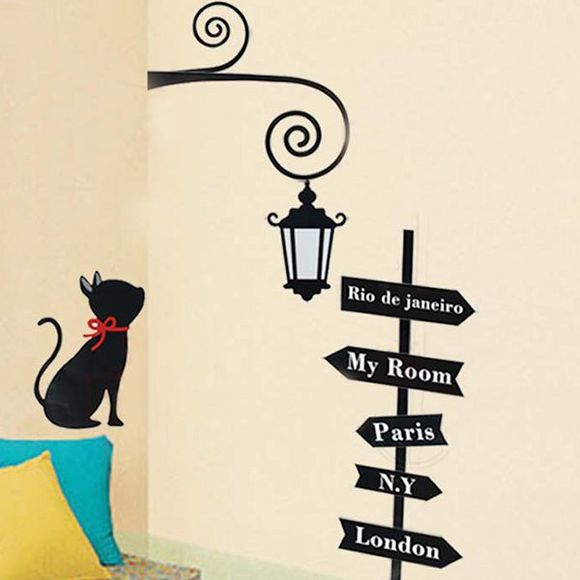 Vintage Street Style Lumière Kitten Motif Autocollant Mural Pour Chambre Salon Décoration - Noir 