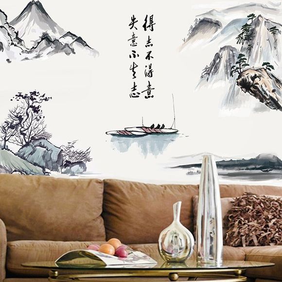 Creative Paysage Chinois Peinture Motif Autocollant Mural Pour Chambre Salon Décoration - multicolore 