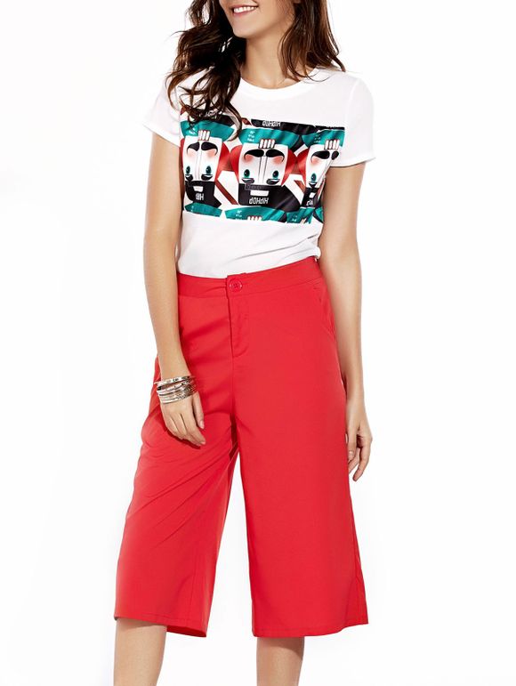 Femmes Élégant Jewel T-shirt col et pantalon de couleur unie de l  'Set - Rouge L