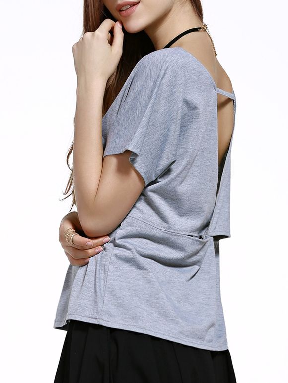 Charming Scoop Neck Short Sleeve Cut Out Back V Shape Women's T-Shirt - Gris L