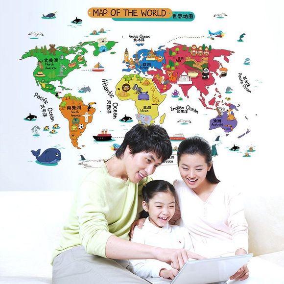 Doux amovible Motif Cartoon animaux Carte du monde Design Autocollant mur DIY - multicolore 