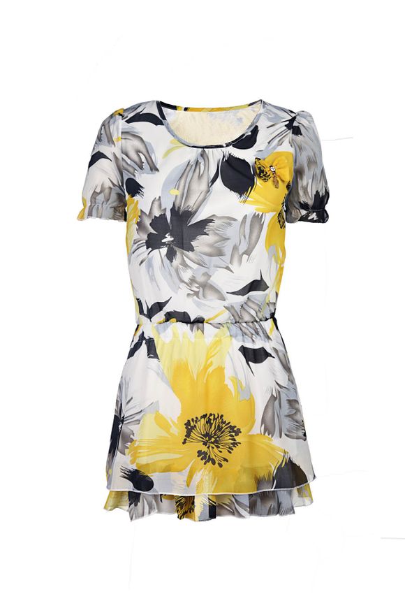 Floral Print Sweet Scoop Neck Short Sleeve Women's Chiffon Dress - Jaune 2XL