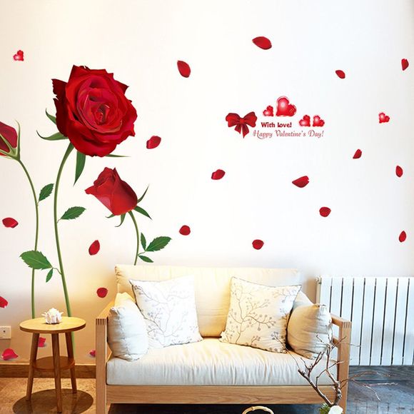 Autocollant Mural DIY Amovible Élégant Romantique Motif de Rose Rouge - Rouge 