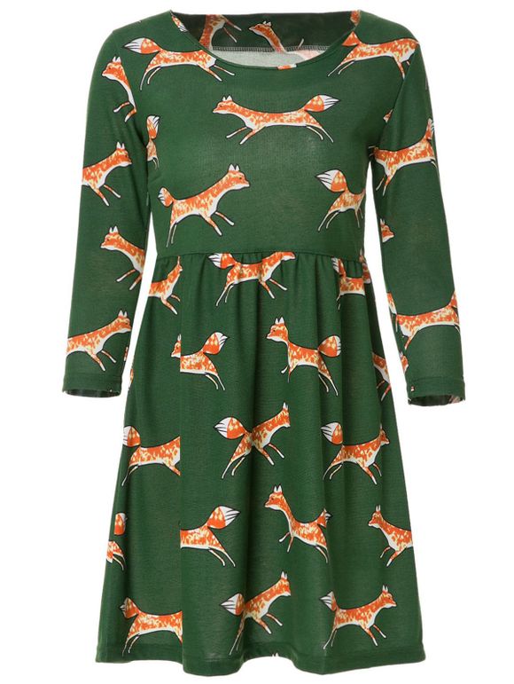 Cute Animal Print Scoop Neck 3/4 Sleeve Dress For Women - GREEN S