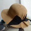 Chic Big Black Bowknot Outdoor Sunscreen Women's Pleated Straw Hat - café 