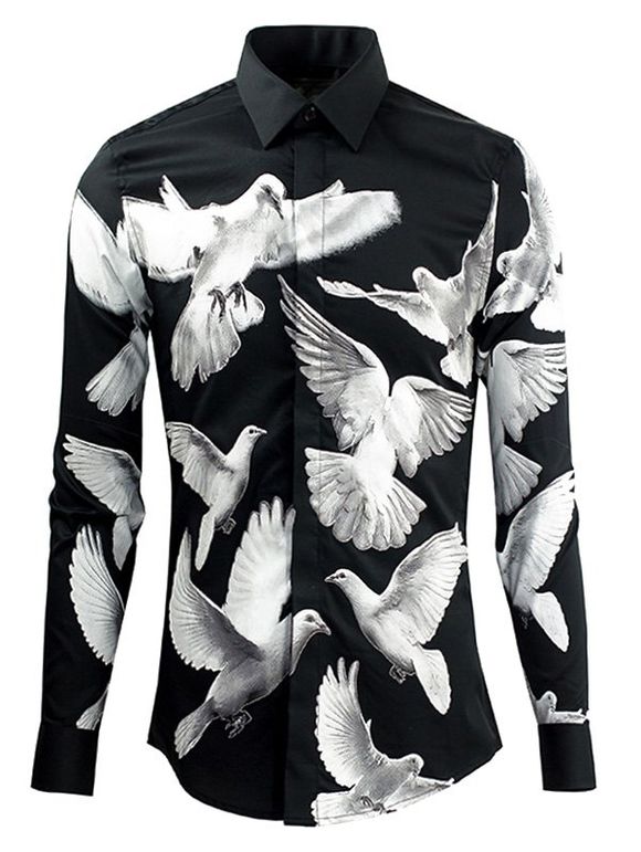 Doves Imprimé uni Fly Shirt Col manches longues Hommes  's Shirt - Blanc et Noir 3XL
