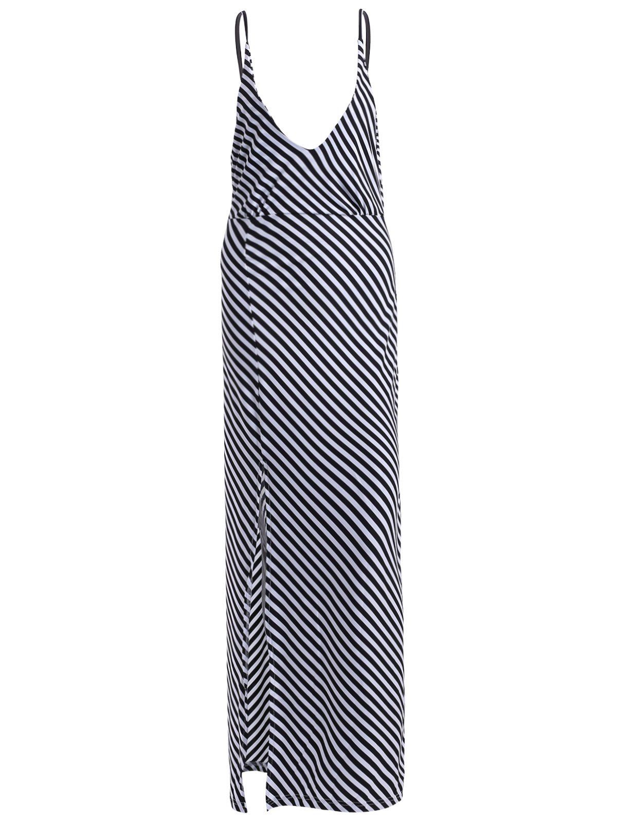 

Chic Spaghetti Strap Plunging Neck Backless Striped Women's Dress, Black