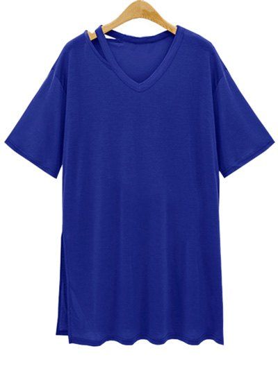 T-shirt de décolleté en V élégant à manches courtes en vrac Side Slit femmes - Bleu profond M