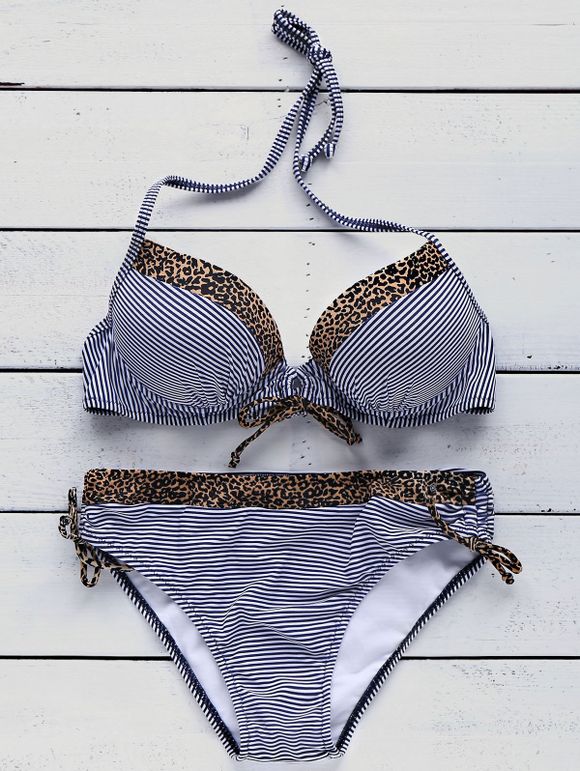Bikini Set Elegant Halter Neck Striped Leopard Splicing femmes - Bleu S